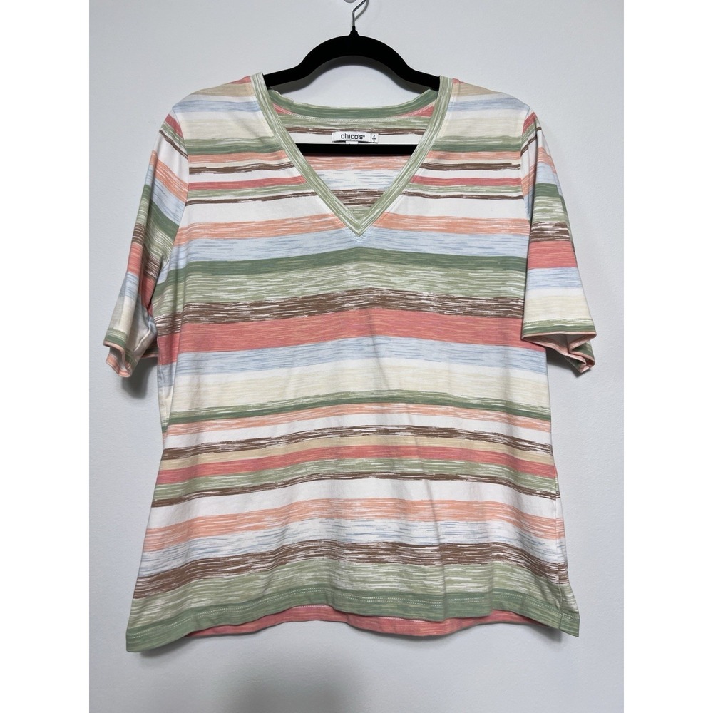 Chico's Striped V-Neck Tee Top (L) Coastal Beachy Cotton Stretch Casual Resort - Picture 2 of 9